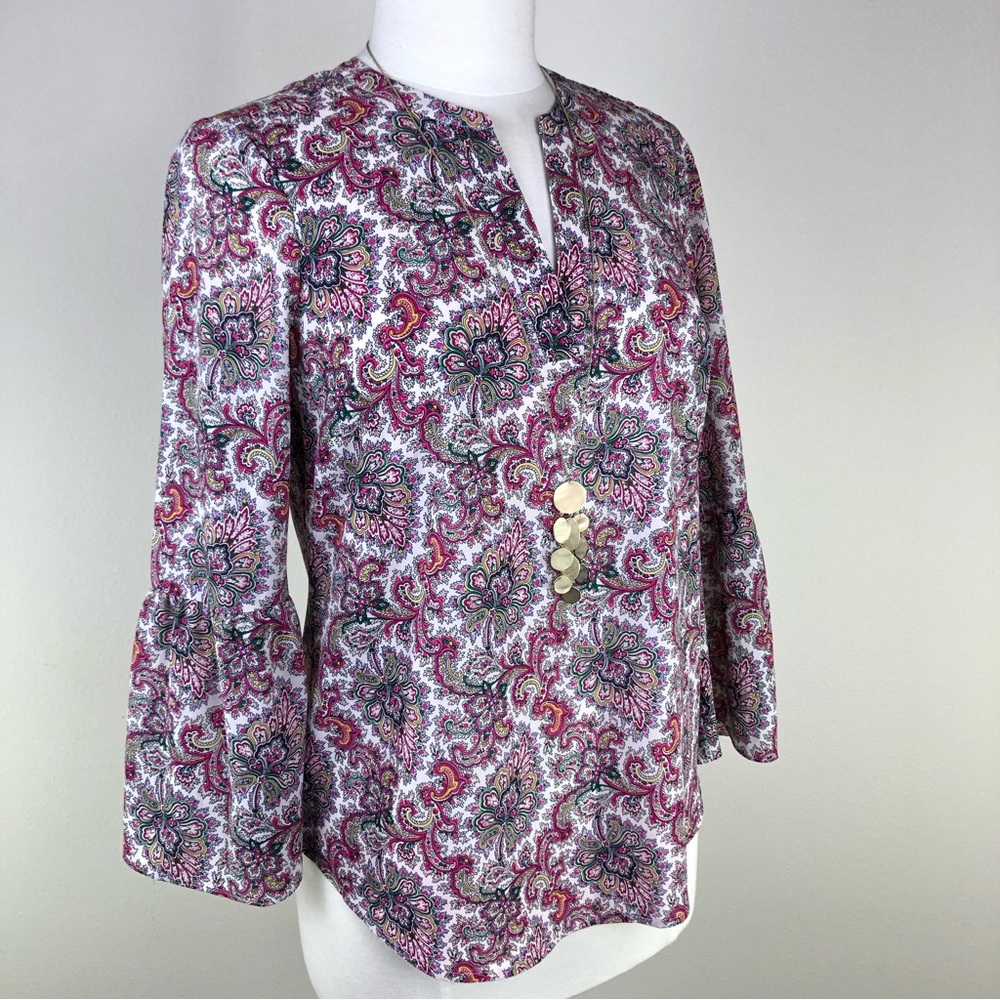 J.Crew Size XS Pink and White Paisley Bell Sleeves a blouse Top